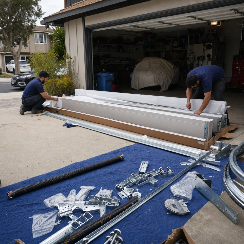 Garage door installation with men assembling door panels and hardware.