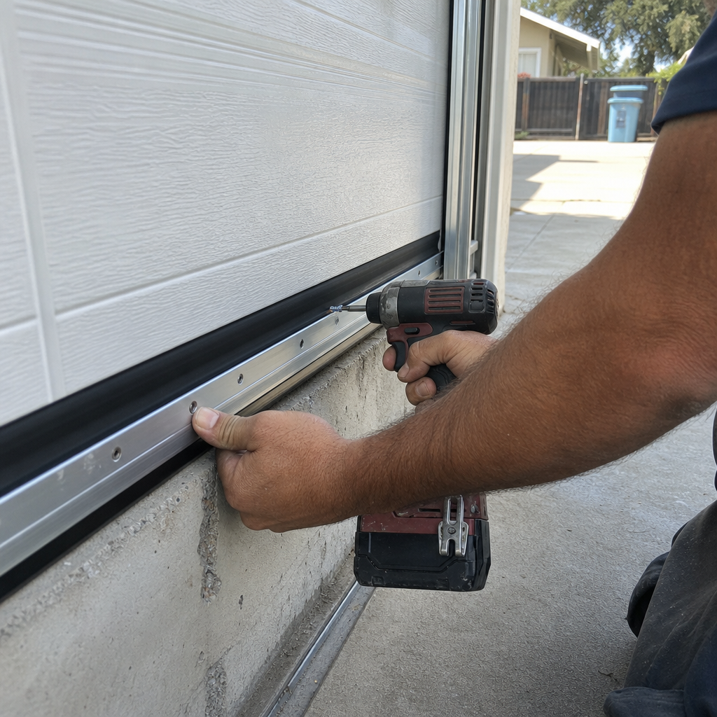 Garage door installation professional screwing rubber seal onto garage door frame.