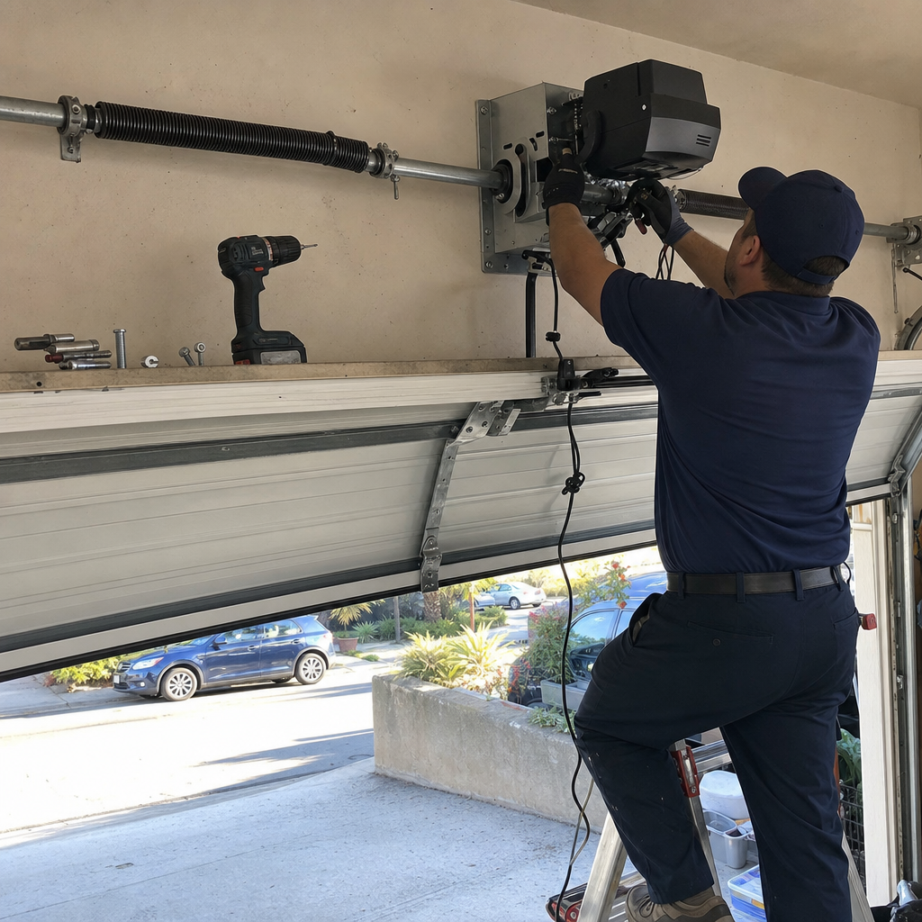 Technician installing garage door opener motor on torsion spring system in Santa Monica, CA