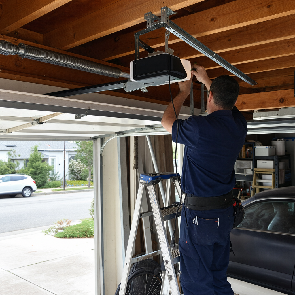 Technician installing garage door opener mechanism on ceiling in Santa Monica, CA