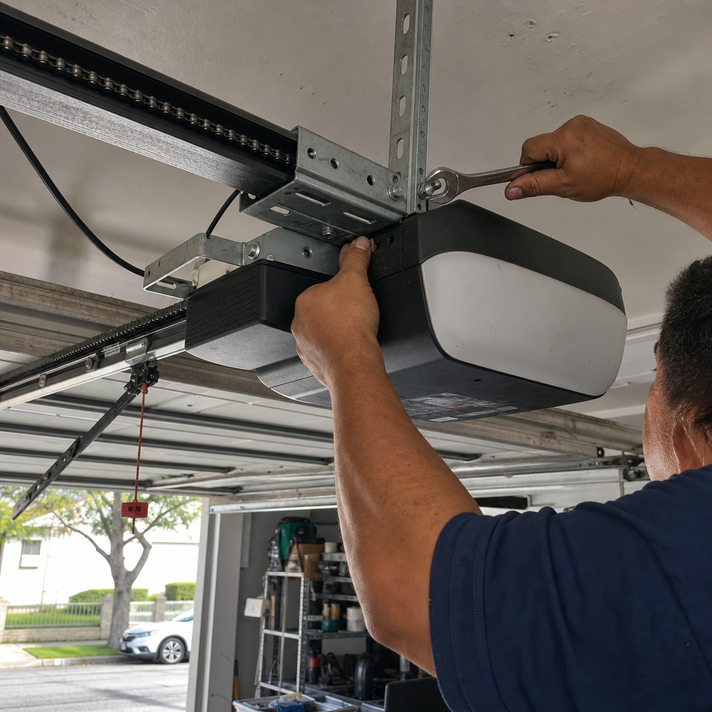 Technician installing garage door opener mechanism