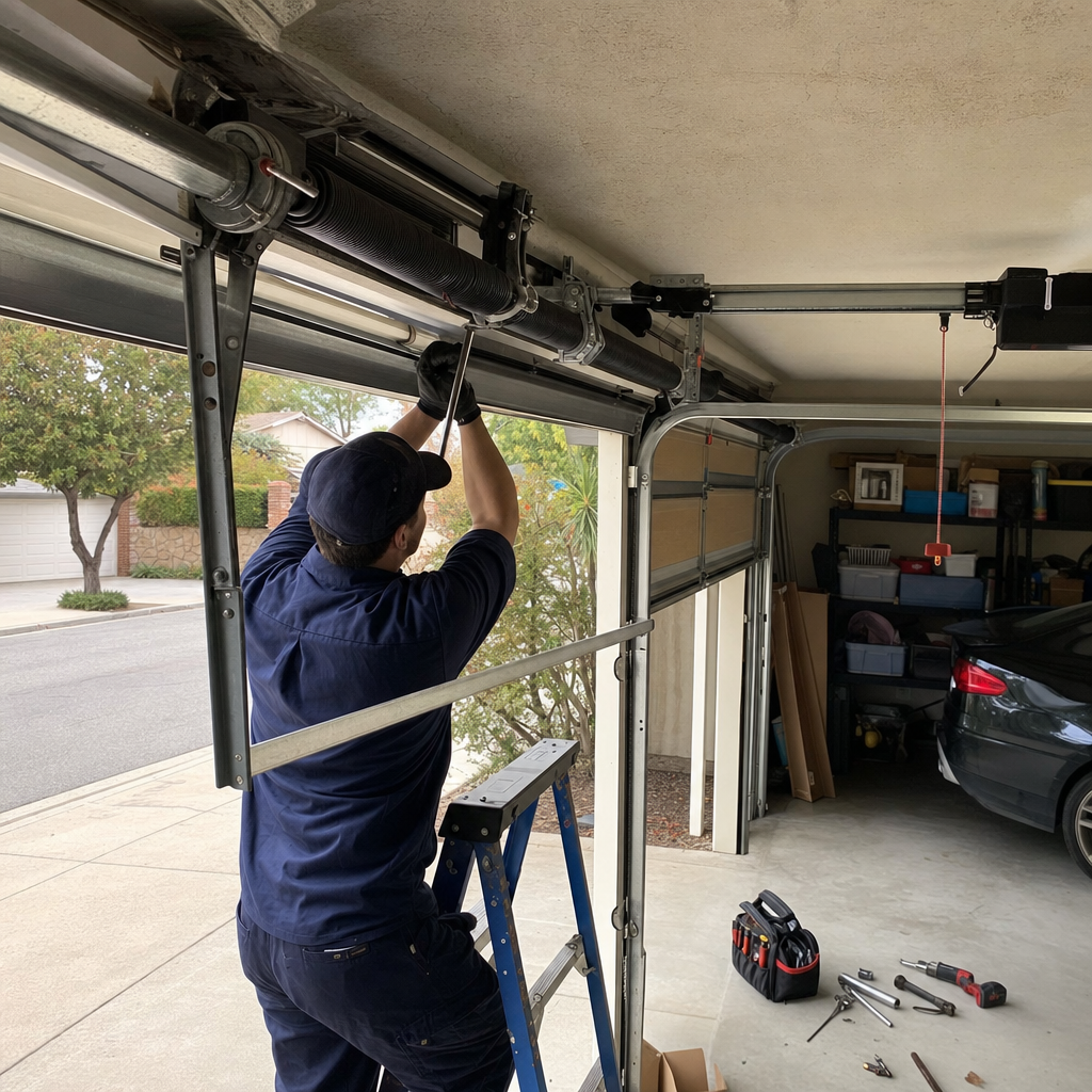 Garage door technician working on parts from a ladder. in Topanga, CA
