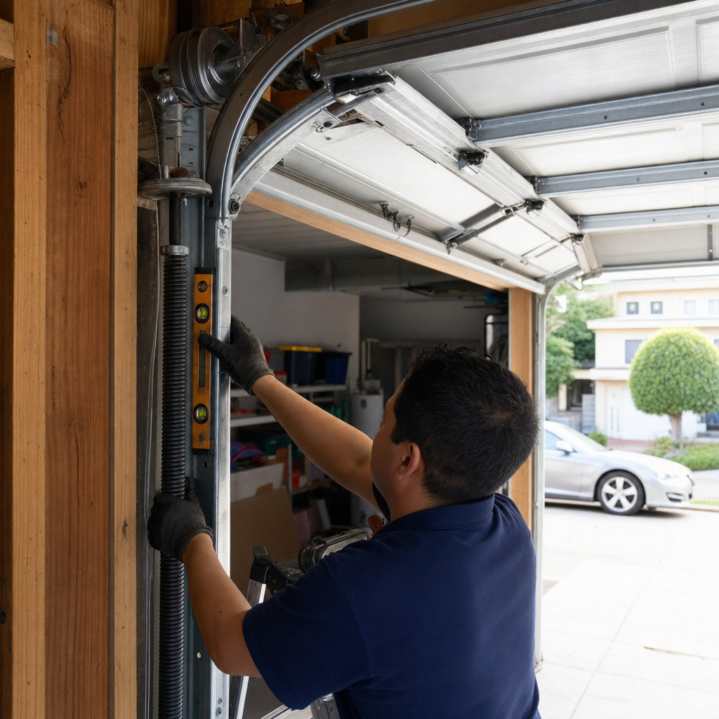 Garage door repair technician checks spring with level.