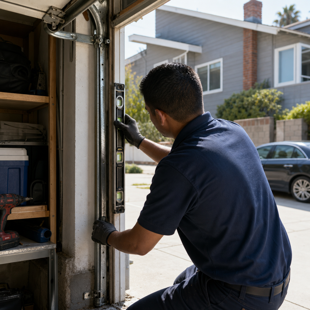 Technician uses level for garage door track repair in Santa Monica, CA