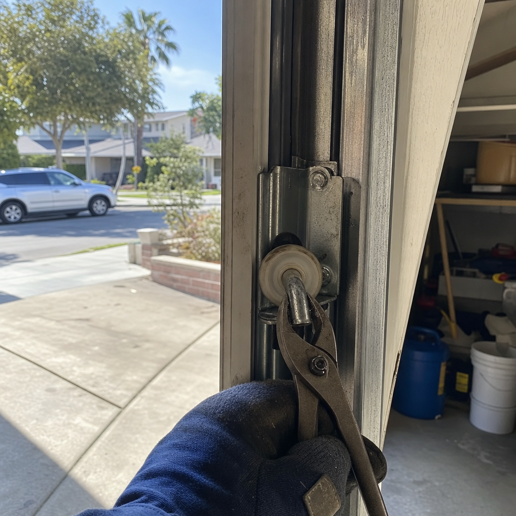 Garage door repair with pliers on roller and track